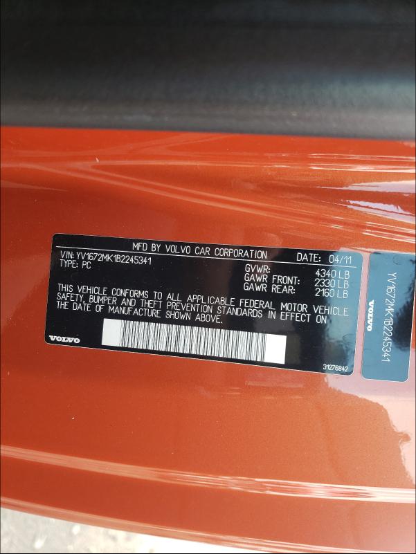 2011 VOLVO C30 T5 YV1672MK1B2245341