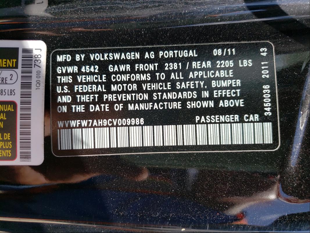 2012 VOLKSWAGEN EOS LUX WVWFW7AH9CV009986
