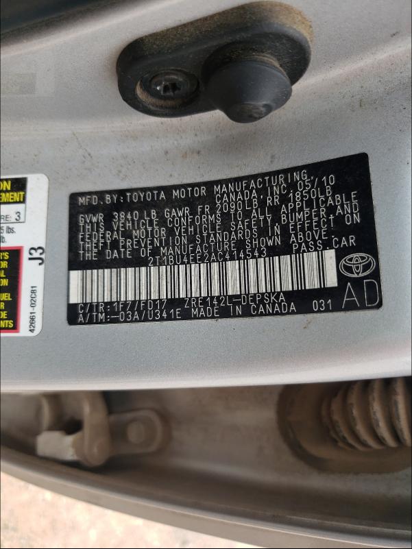 2010 TOYOTA COROLLA BA 2T1BU4EE2AC414543