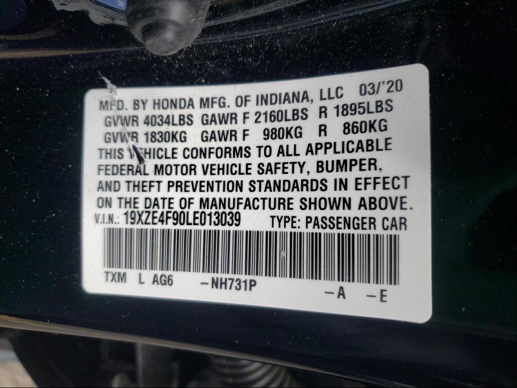 2020 HONDA INSIGHT TO 19XZE4F90LE013039