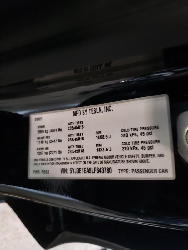 2020 TESLA MODEL 3 5YJ3E1EA5LF643780