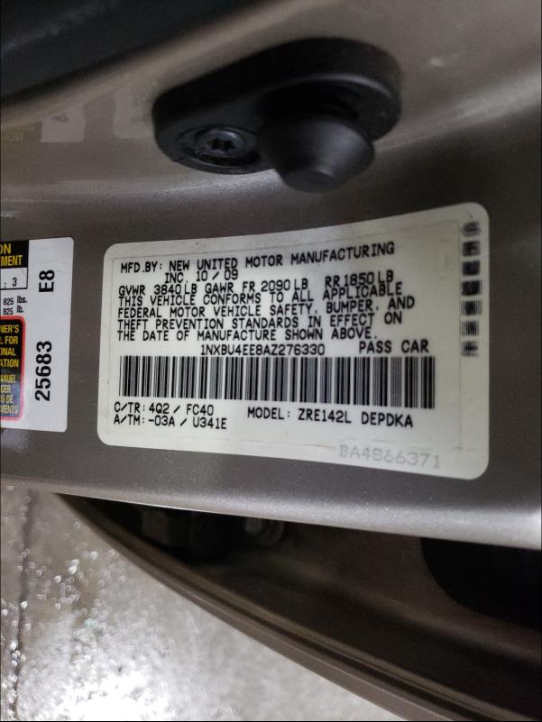 2010 TOYOTA 1/2 TON XL 1NXBU4EE8AZ276330