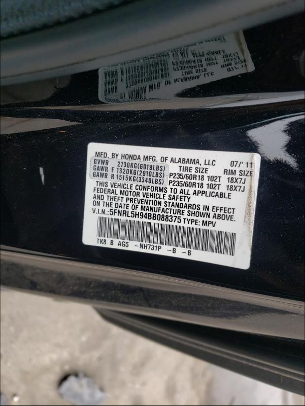 2011 HONDA ODYSSEY TO 5FNRL5H94BB088375