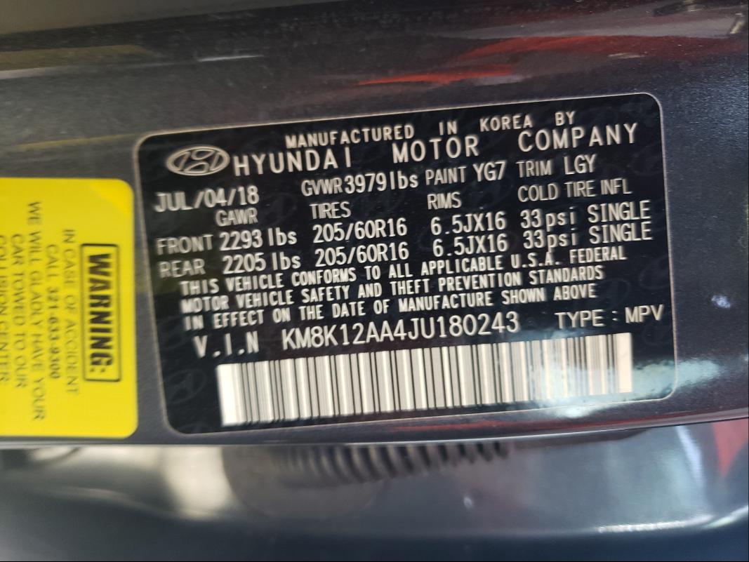 2018 HYUNDAI KONA KM8K12AA4JU180243