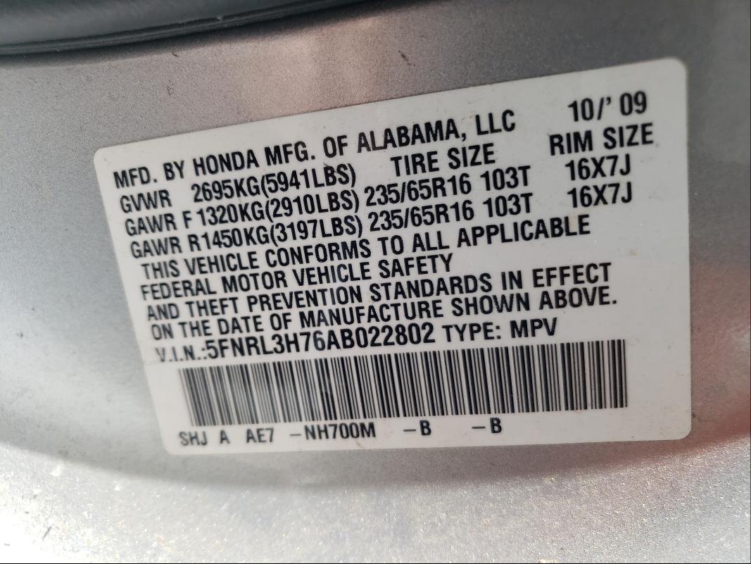 2010 HONDA ODYSSEY 5FNRL3H76AB022802