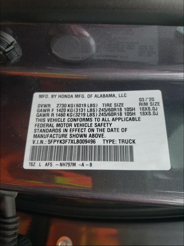 2020 HONDA RIDGELINE 5FPYK3F7XLB009496