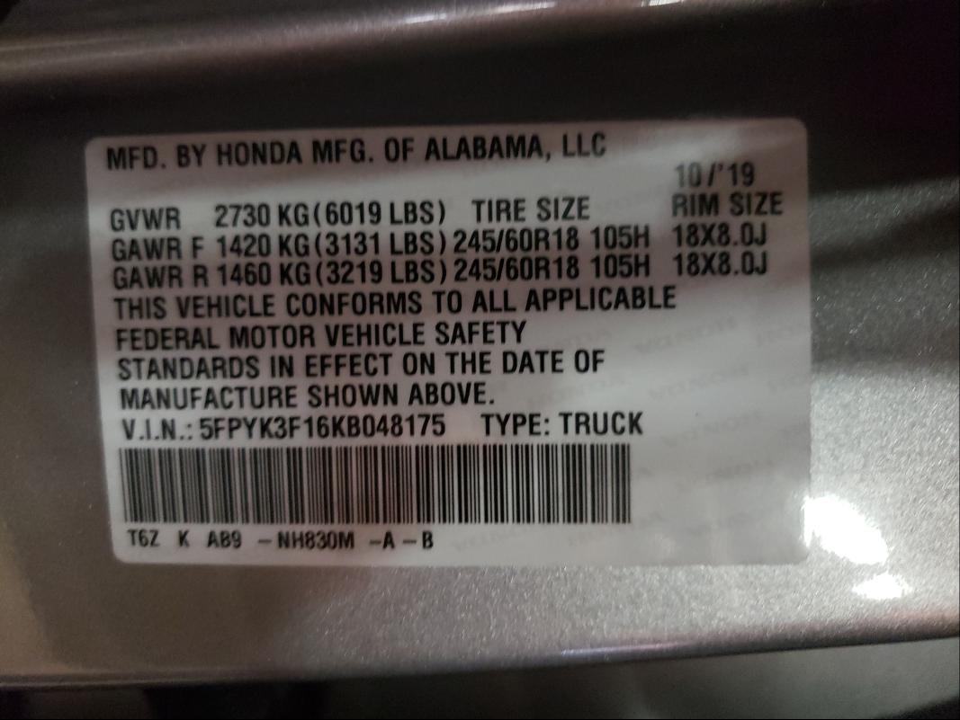 2019 HONDA RIDGELINE 5FPYK3F16KB048175