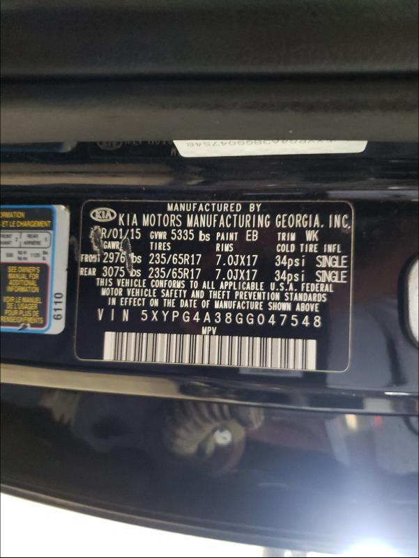 5XYPG4A38GG047548 KIA SORENTO LX