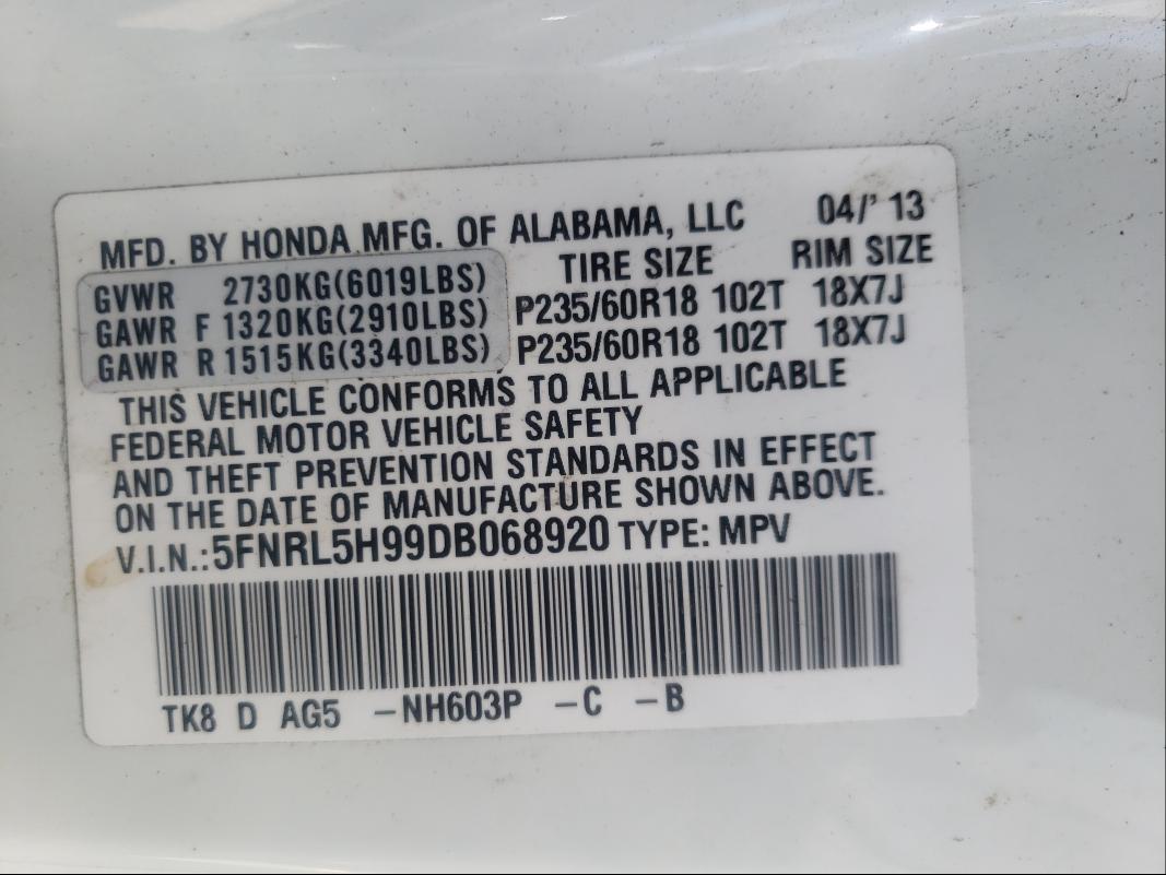 2013 HONDA ODYSSEY TO 5FNRL5H99DB068920