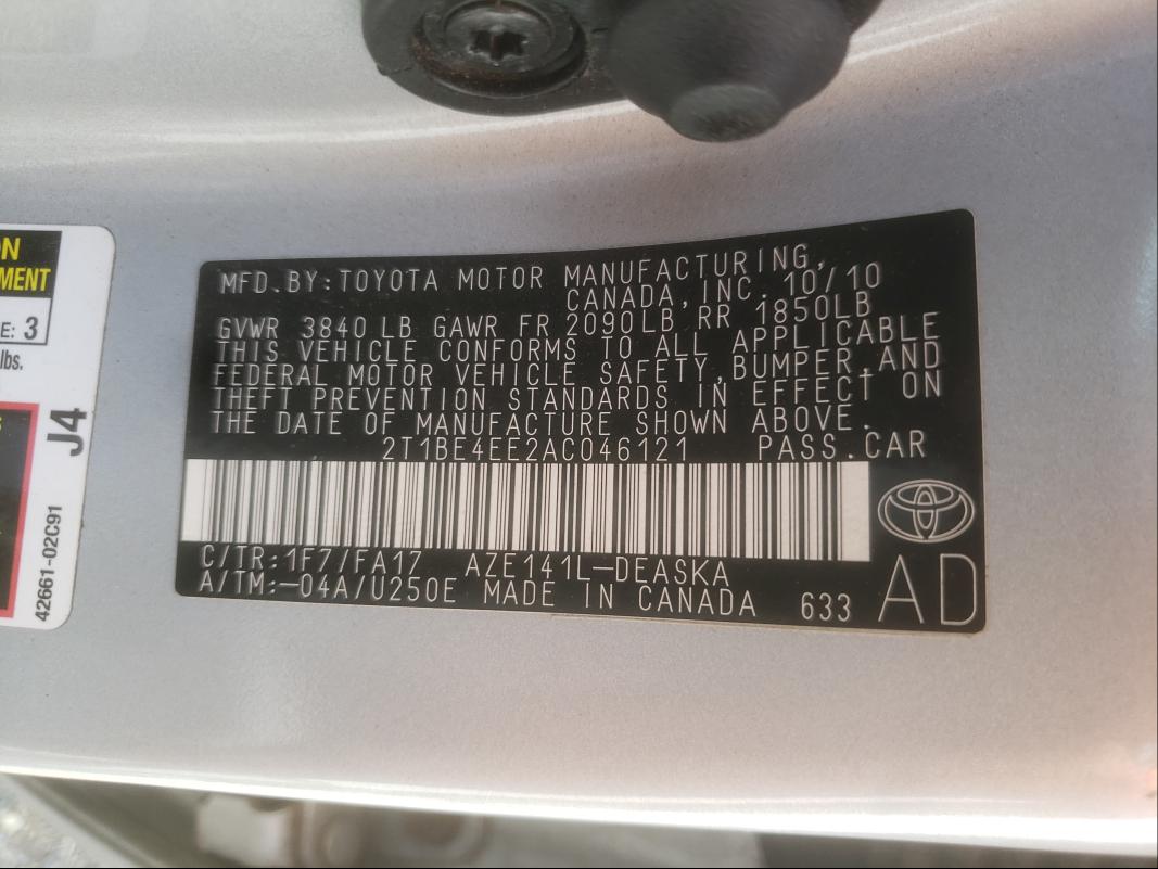 2010 TOYOTA COROLLA XR 2T1BE4EE2AC046121
