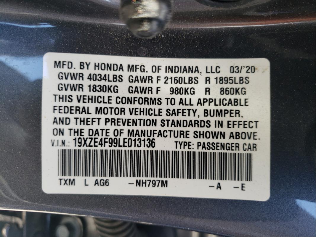 2020 HONDA INSIGHT TO 19XZE4F99LE013136