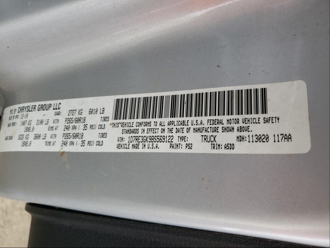 2011 DODGE DAKOTA SLT 1D7RE3GK9BS569122