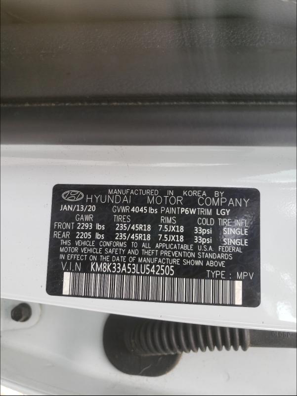 2020 HYUNDAI KONA LIMIT KM8K33A53LU542505