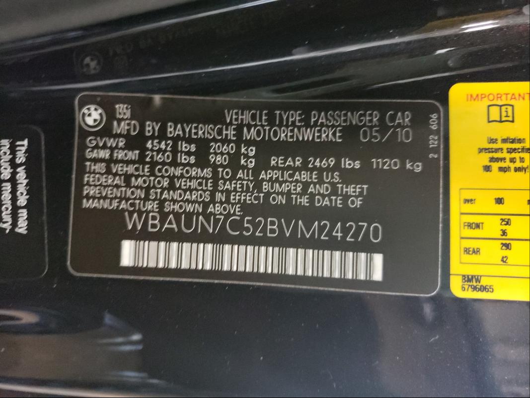 2011 BMW 135 I WBAUN7C52BVM24270