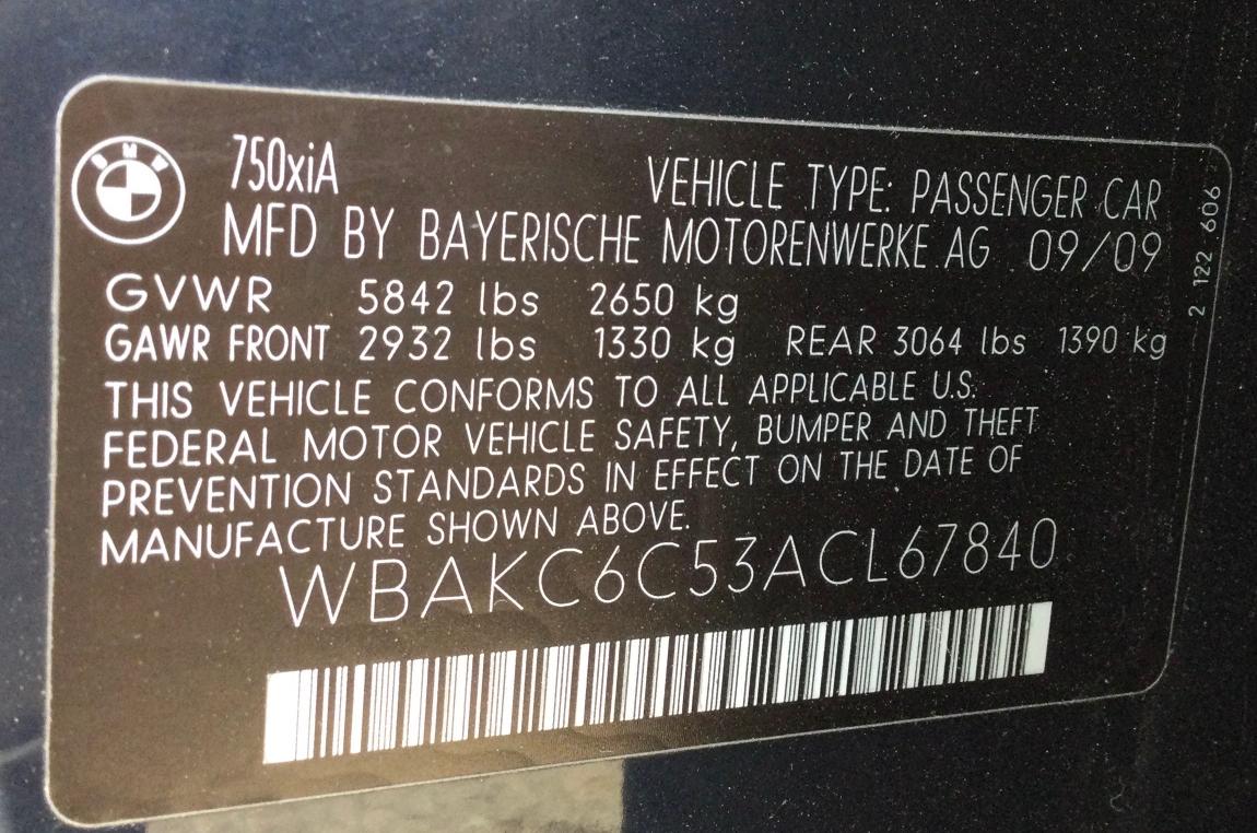 2010 BMW 750 I XDRI WBAKC6C53ACL67840