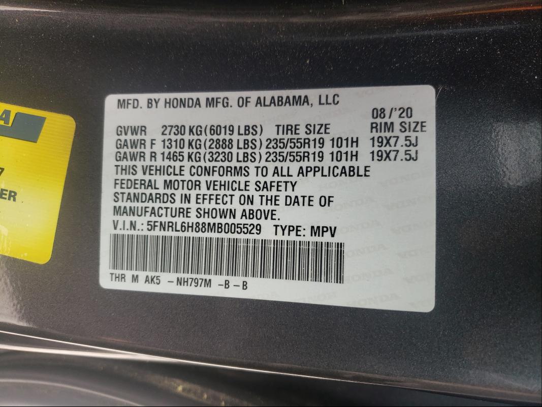 2021 HONDA ODYSSEY TO 5FNRL6H88MB005529