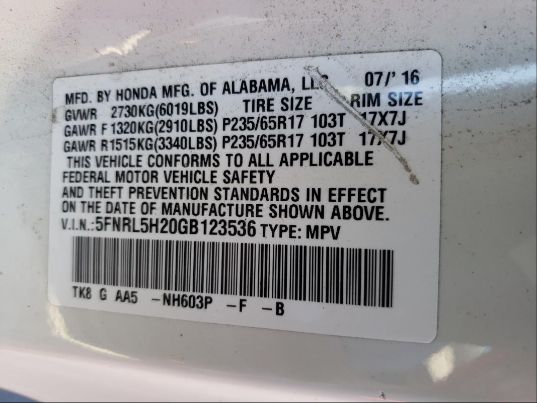 2016 HONDA ODYSSEY LX 5FNRL5H20GB123536