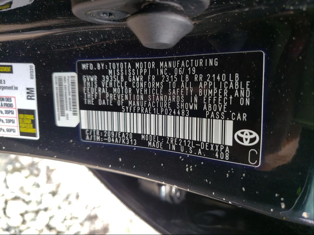 2020 TOYOTA COROLLA XL 5YFFPRAE1LP024483