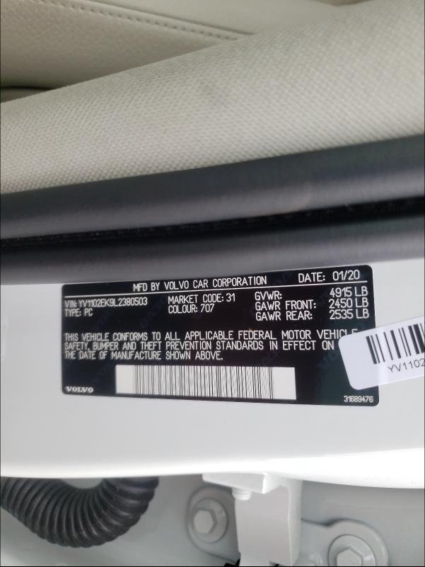 2020 VOLVO V60 T5 MOM YV1102EK9L2380503