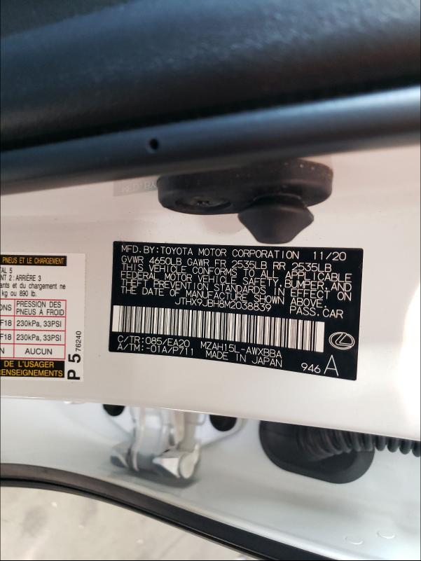 2021 LEXUS UX 250H JTHX9JBH8M2038839