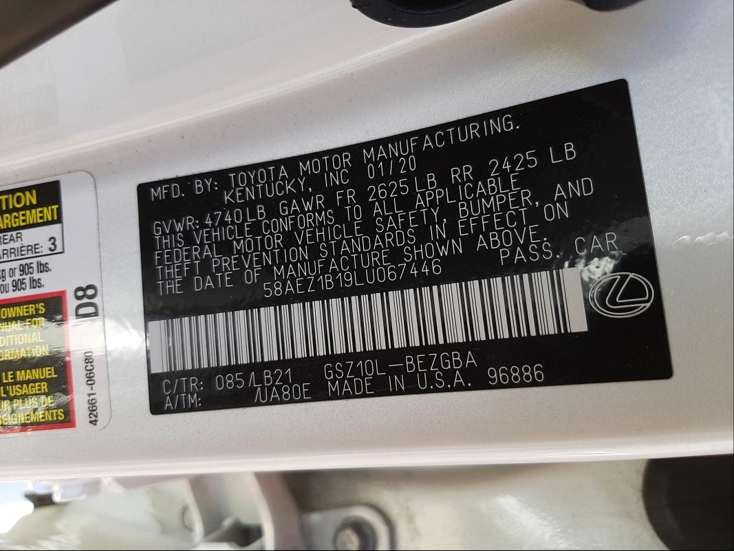 2020 LEXUS ES 350 LUX 58AEZ1B19LU067446