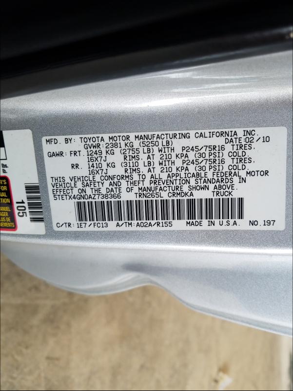 2010 TOYOTA TACOMA PRE 5TETX4GN0AZ738366