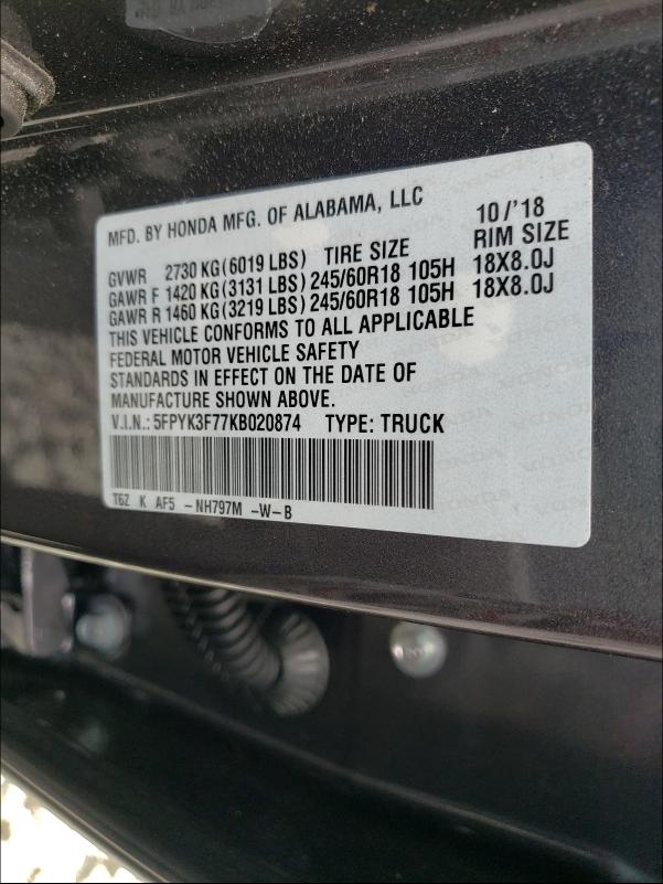 2019 HONDA RIDGELINE 5FPYK3F77KB020874