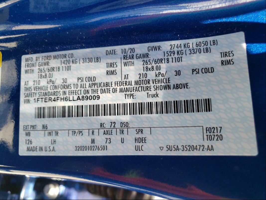 2020 FORD RANGER XL 1FTER4FH6LLA89009