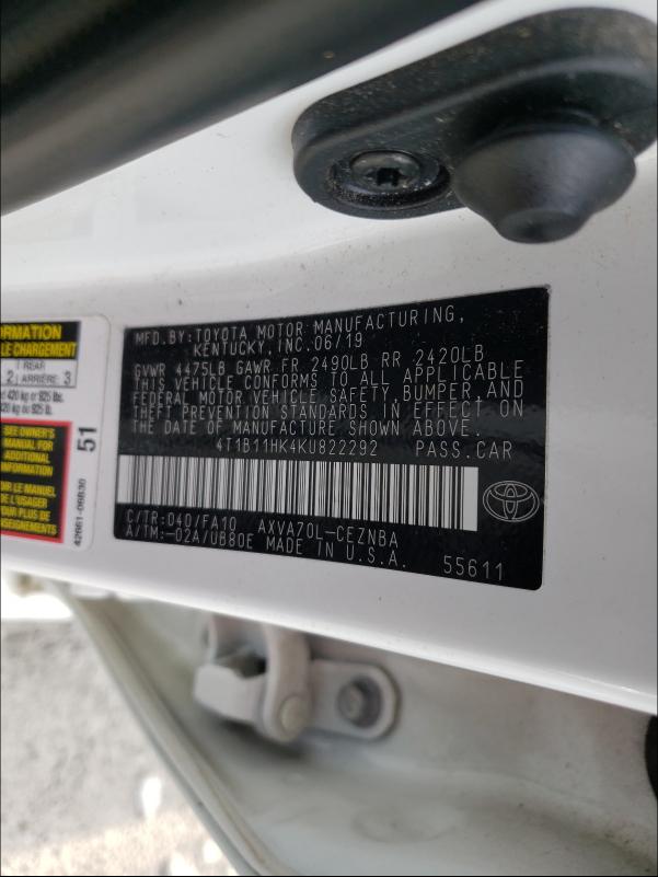 2019 TOYOTA CAMRY L/LE 4T1B11HK4KU822292