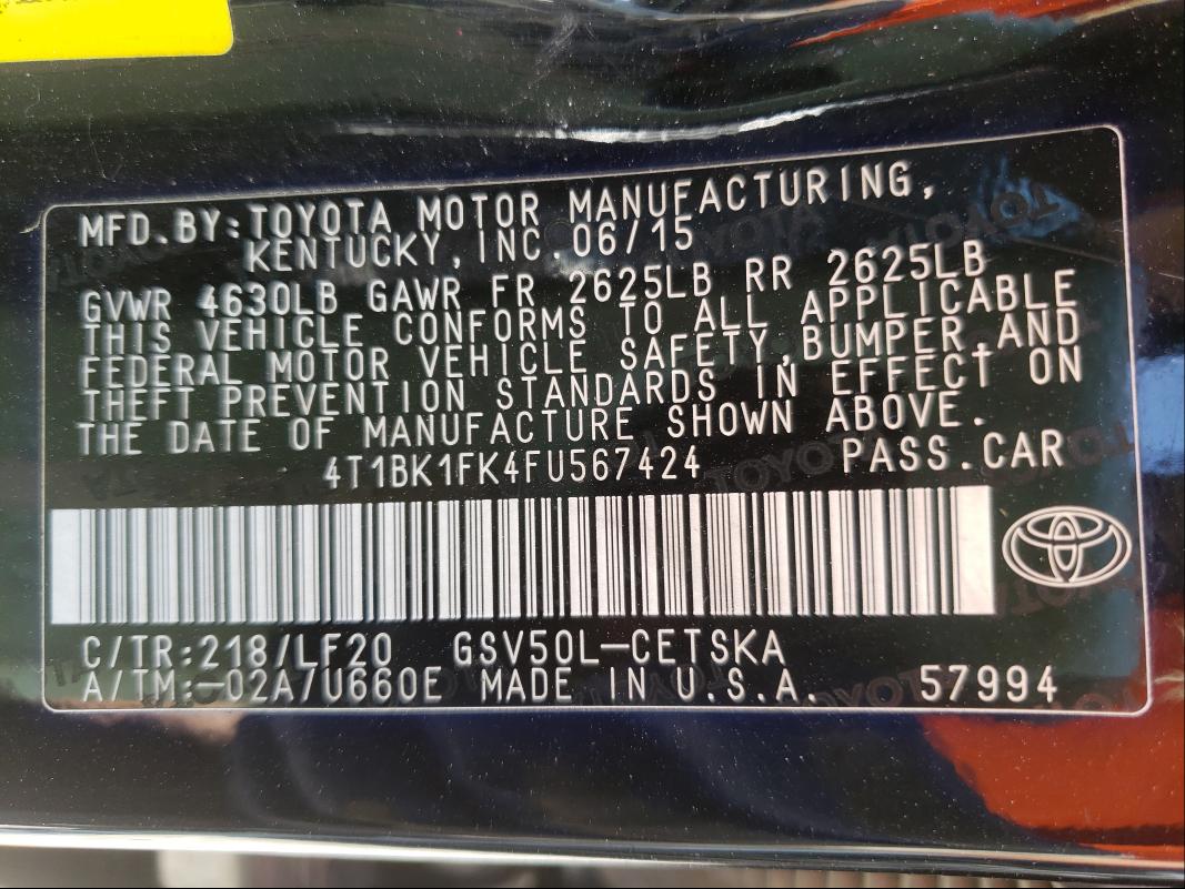 2015 TOYOTA CAMRY XSE 4T1BK1FK4FU567424