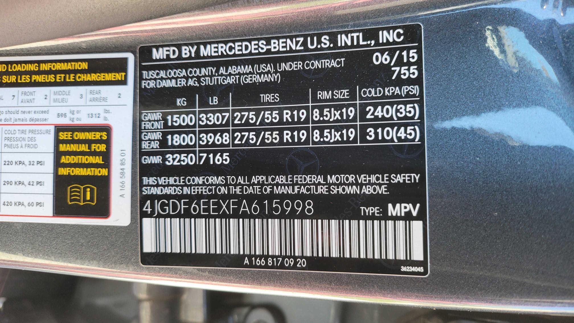 2015 MERCEDES-BENZ GL 450 4MA 4JGDF6EEXFA615998