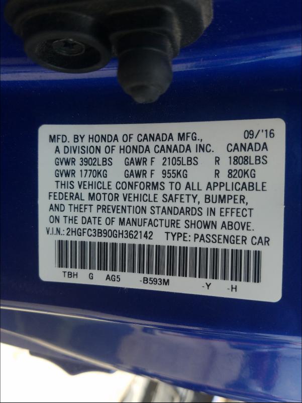 2016 HONDA CIVIC TOUR 2HGFC3B90GH362142