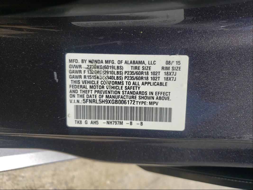 2016 HONDA ODYSSEY TO 5FNRL5H9XGB006172