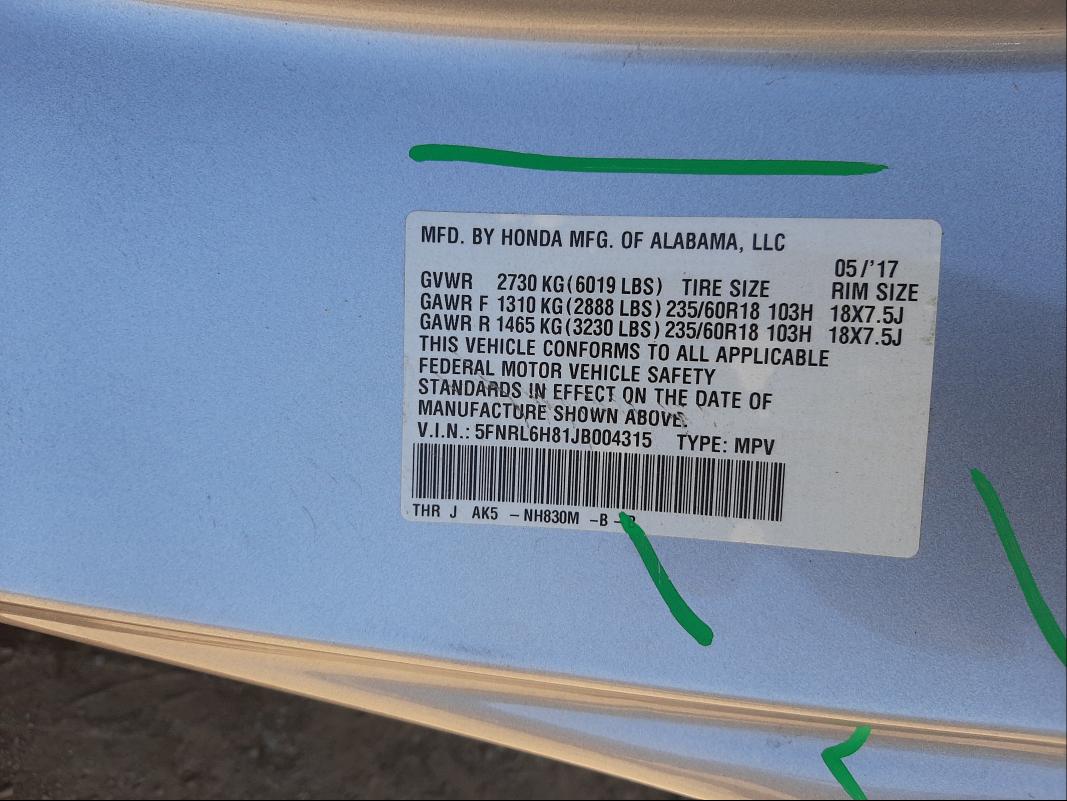2018 HONDA ODYSSEY TO 5FNRL6H81JB004315