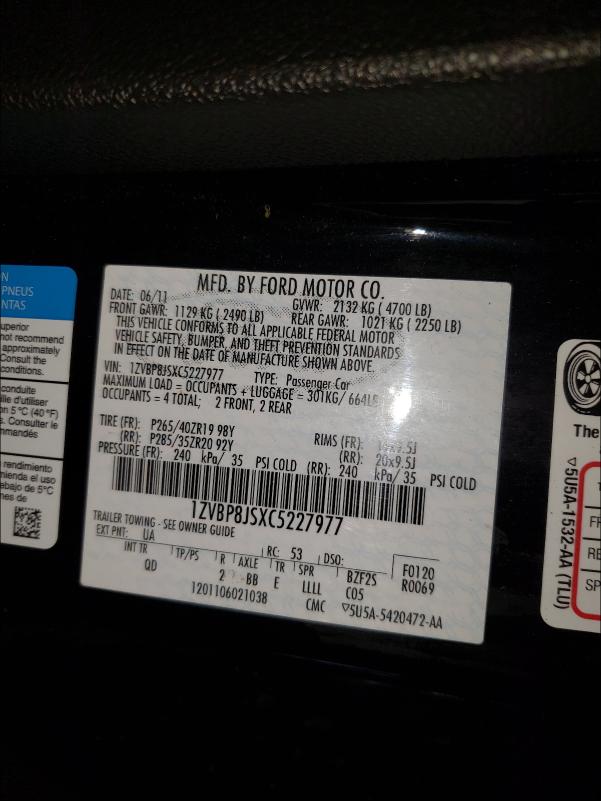 2012 FORD MUSTANG SH 1ZVBP8JSXC5227977