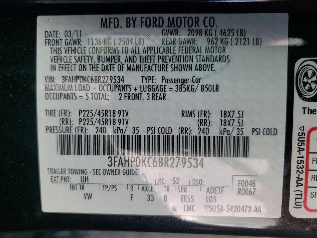 2011 FORD FUSION SPO 3FAHP0KC6BR279534