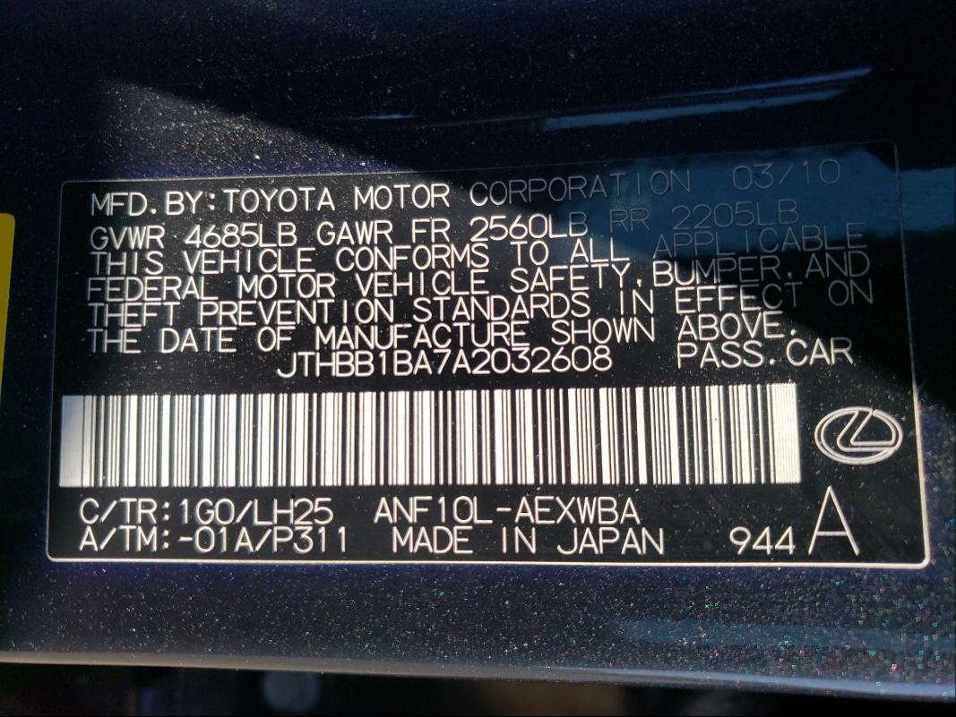 2010 LEXUS HS 250H JTHBB1BA7A2032608