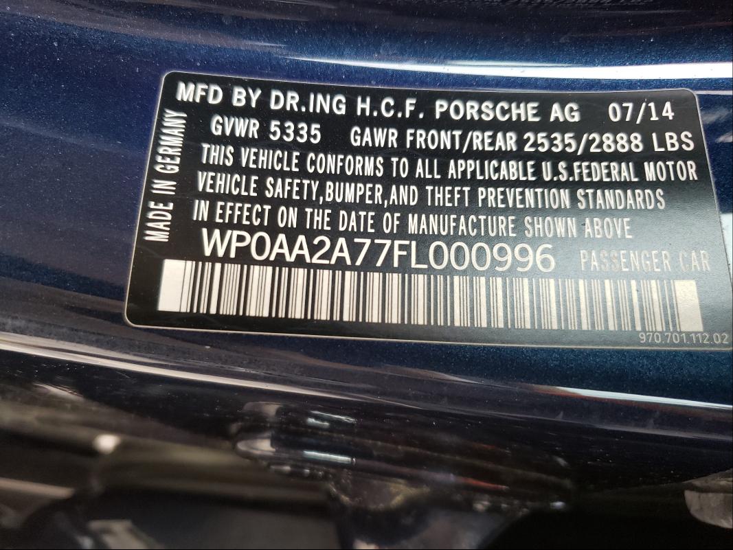 2015 PORSCHE PANAMERA 2 WP0AA2A77FL000996