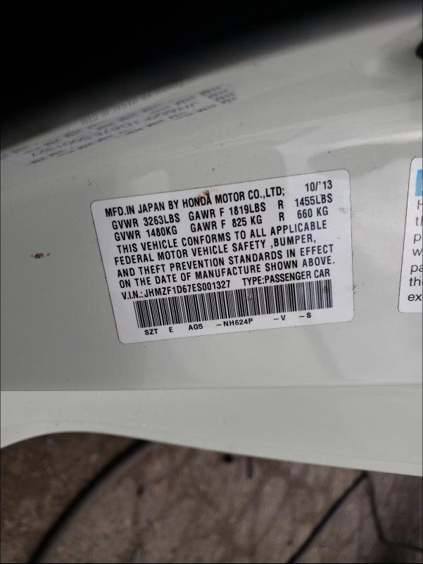 2014 HONDA CR-Z EX JHMZF1D67ES001327