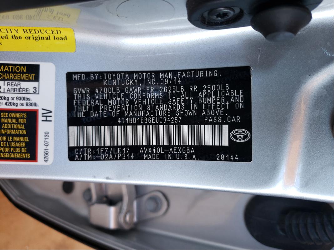 2014 TOYOTA AVALON HYB 4T1BD1EB6EU034257