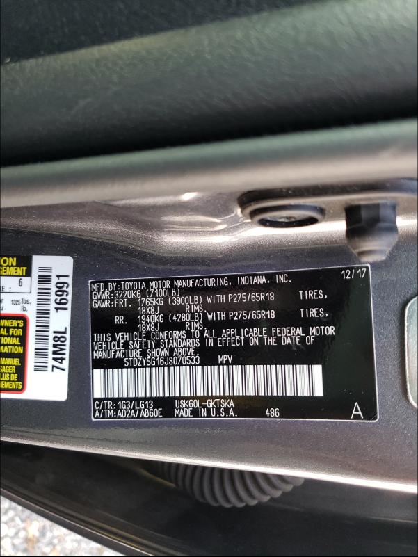 2018 TOYOTA SEQUOIA SR 5TDZY5G16JS070533