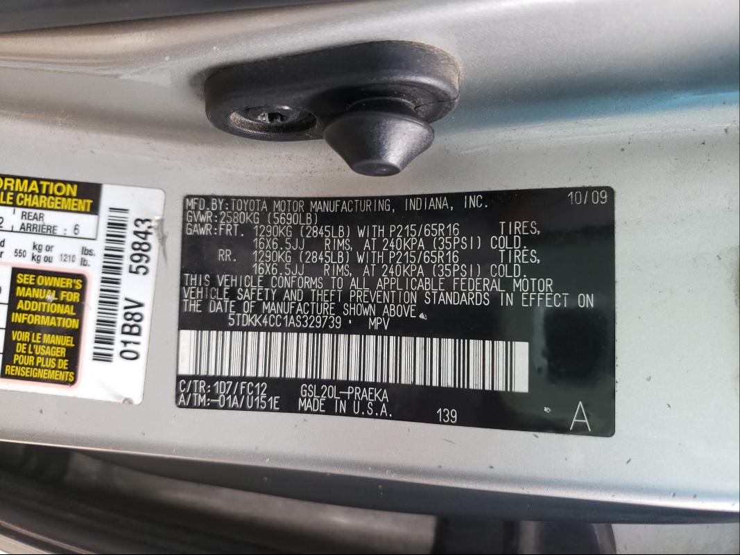 2010 TOYOTA SIENNA CE 5TDKK4CC1AS329739