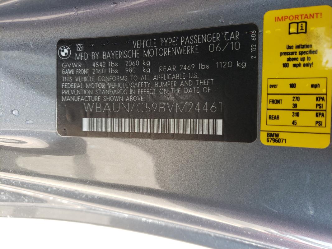 2011 BMW 135 I WBAUN7C59BVM24461