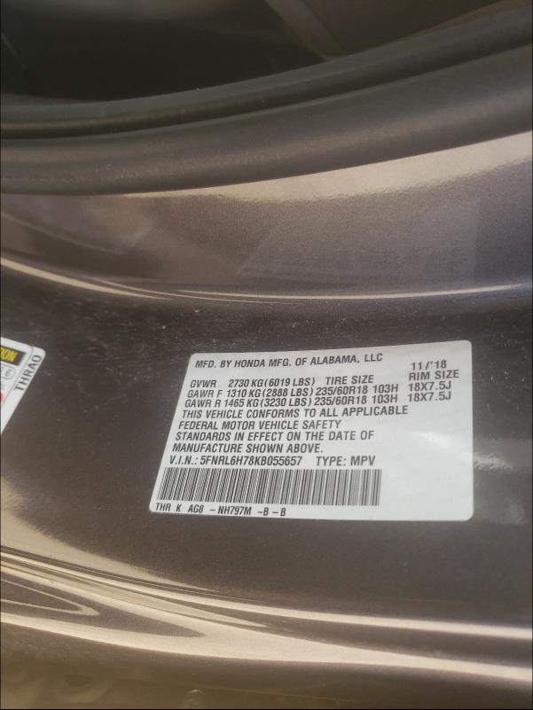 2019 HONDA ODYSSEY 5FNRL6H78KB055657