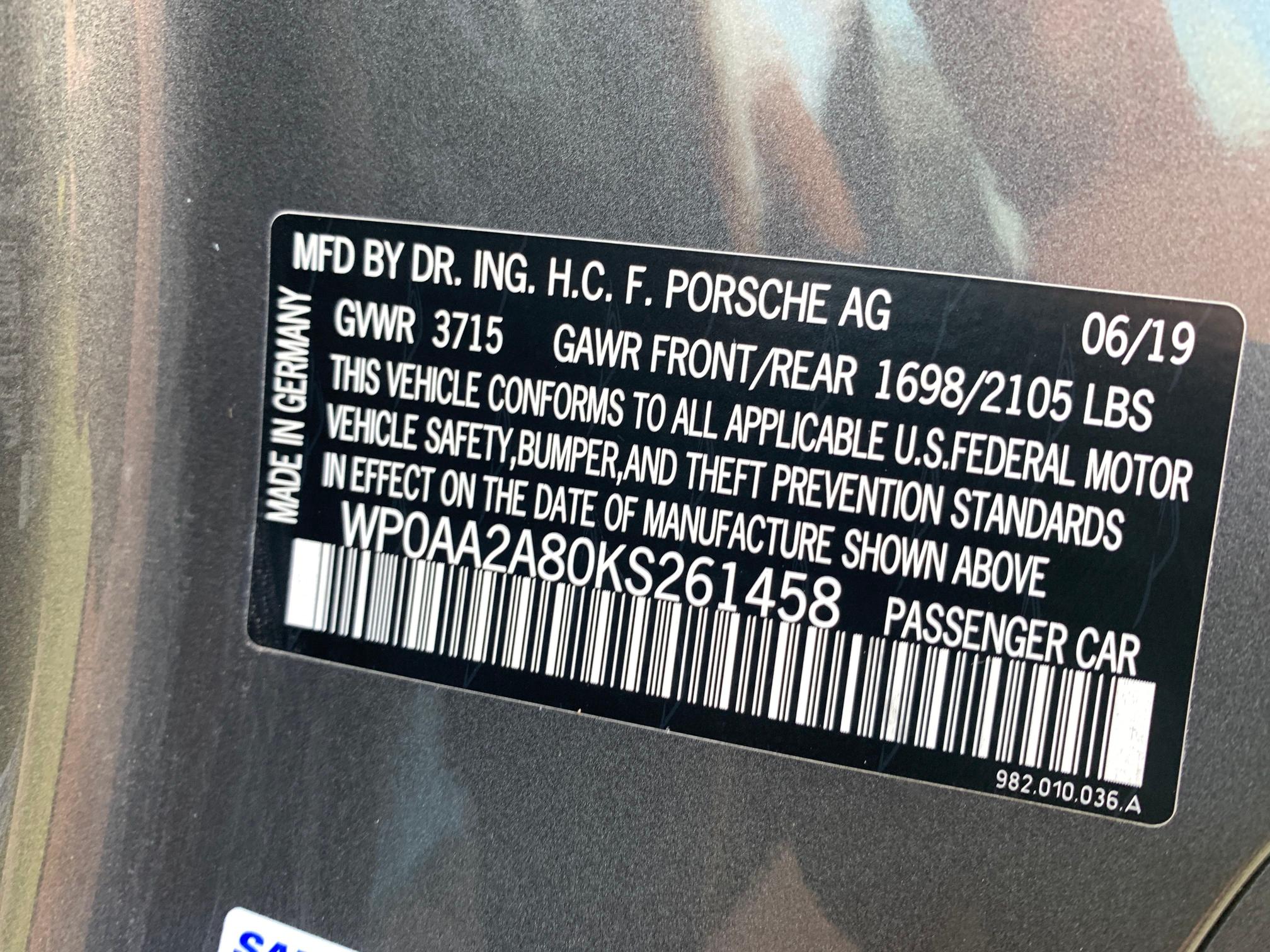 2019 PORSCHE CAYMAN BAS WP0AA2A80KS261458