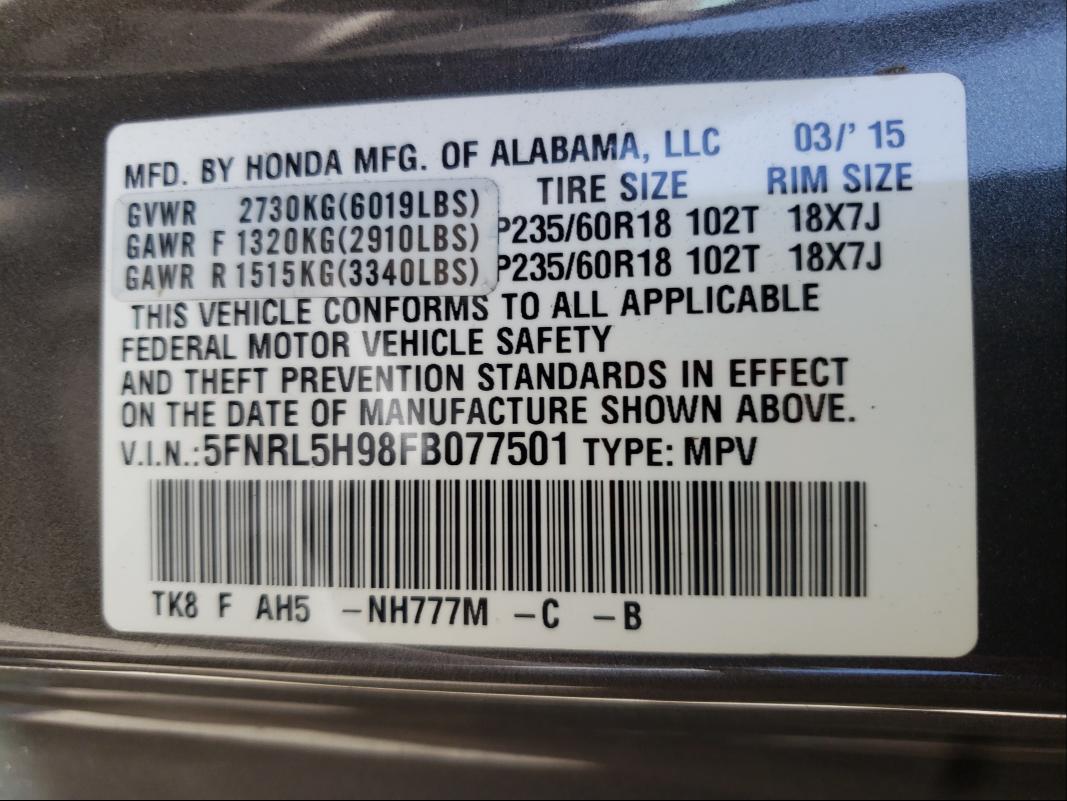 2015 HONDA ODYSSEY TO 5FNRL5H98FB077501