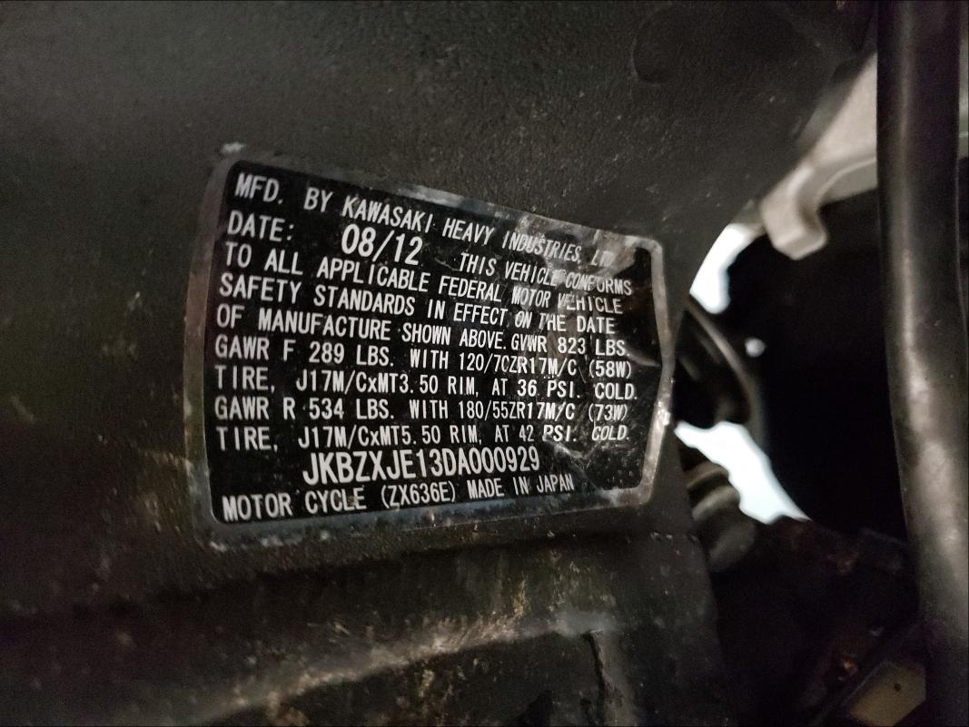 2013 KAWASAKI ZX636 E JKBZXJE13DA000929