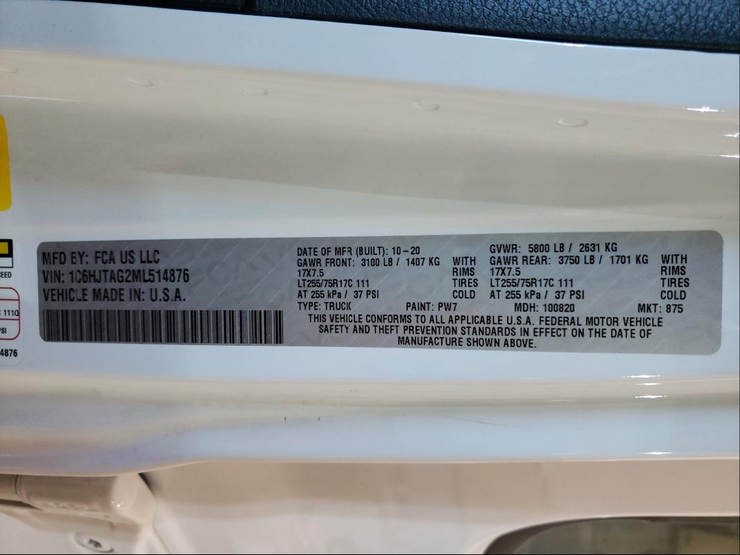 2021 JEEP GLADIATOR 1C6HJTAG2ML514876