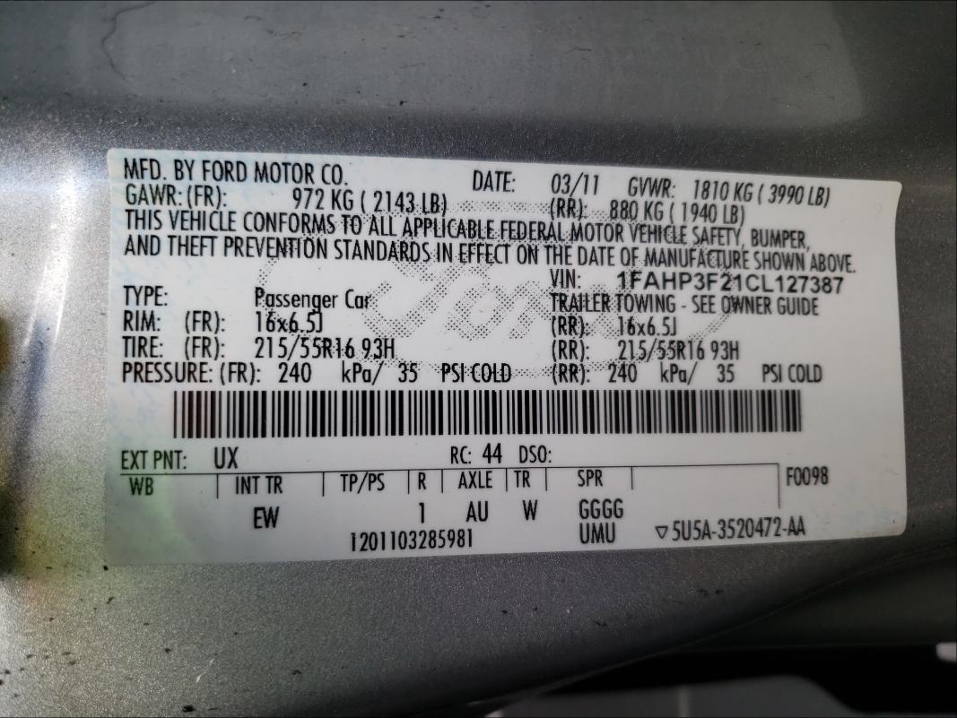 2012 FORD FOCUS SE 1FAHP3F21CL127387