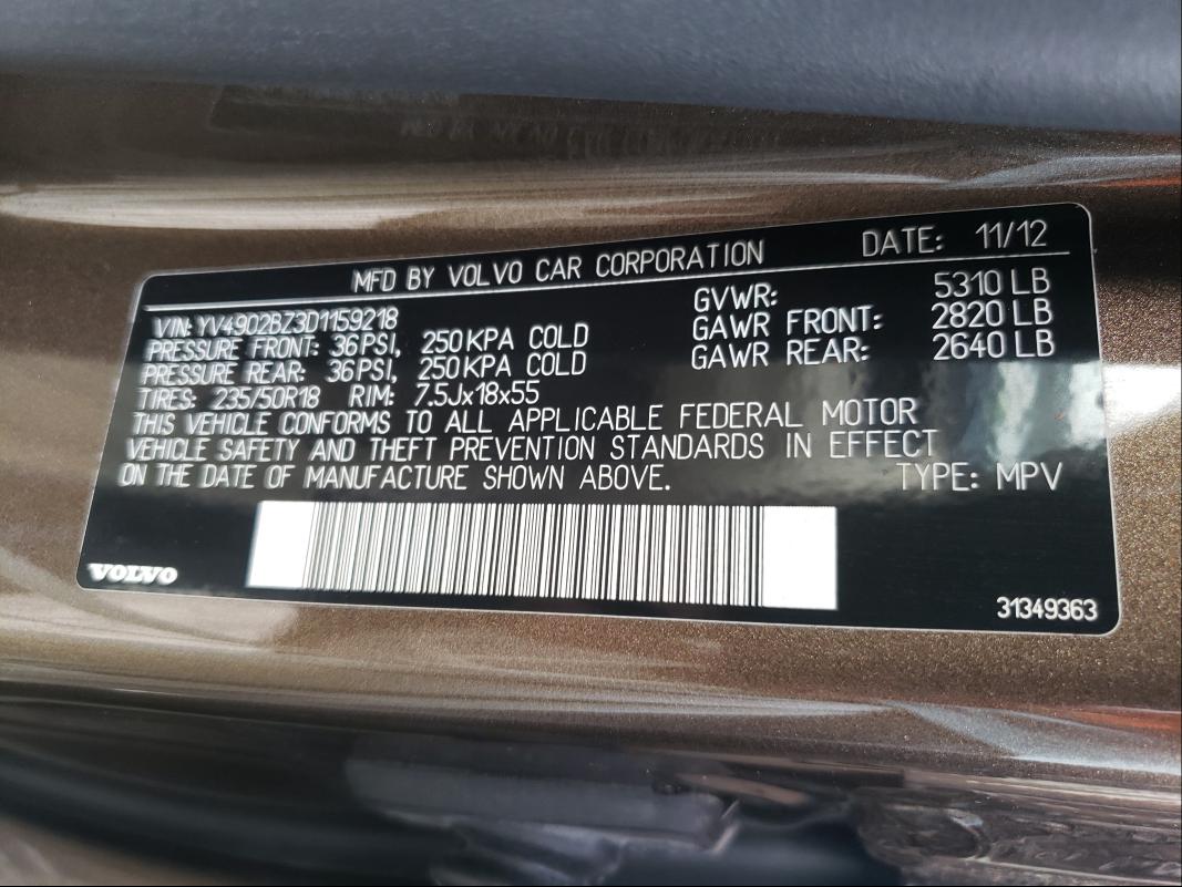 2013 VOLVO XC70 T6 YV4902BZ3D1159218